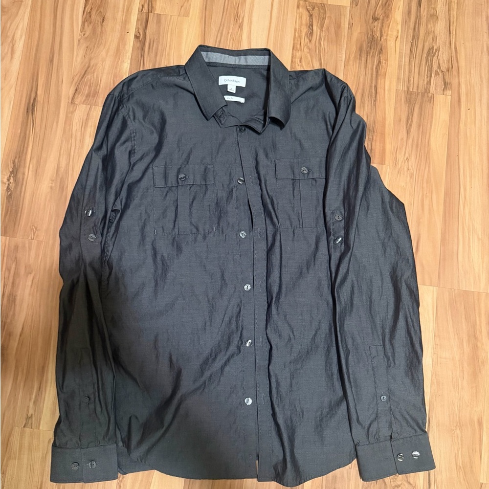 Calvin Klein Charcoal Slim Fit Button-Up Shirt-Size Medium
